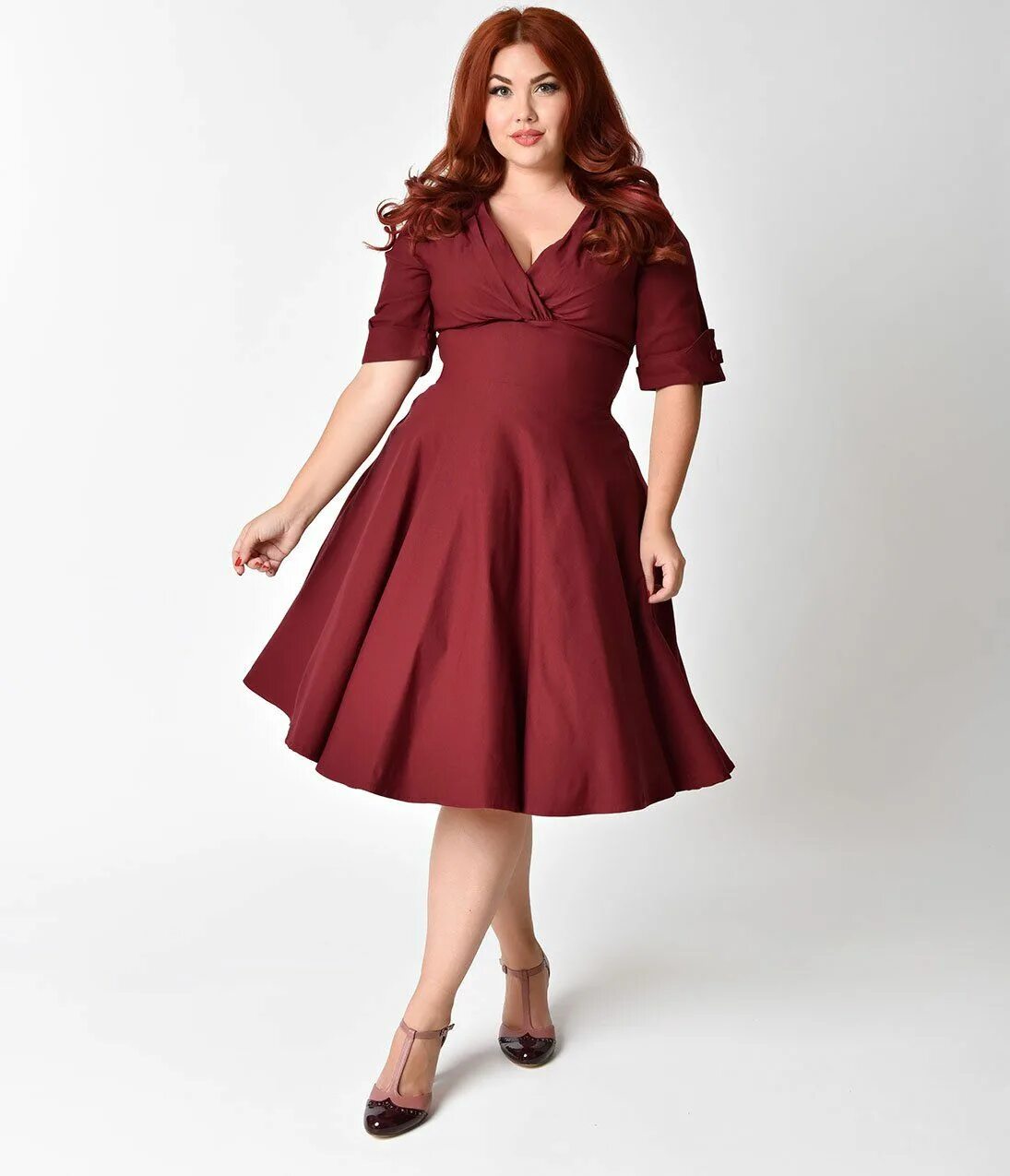 Платья полный фото новый Unique Vintage Plus Size 1950s Burgundy Red Delores Swing Dress with Sleeves Elb