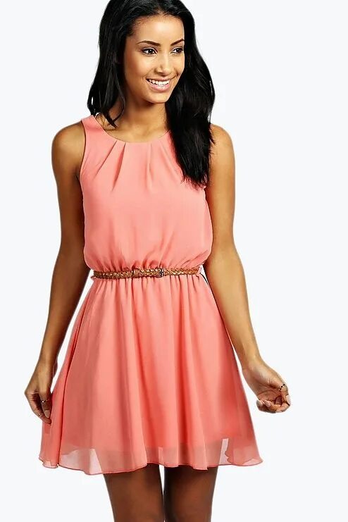 Платья резинки фото Sleeveless Chiffon Belted Skater Dress boohoo Bodycon fashion, Dresses, Skater d