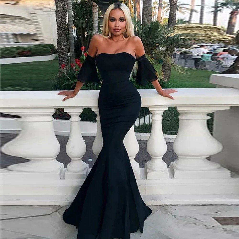 Платья рыбкой фото Женское атласное вечернее платье-русалка, черное платье с открытыми плечами и ру