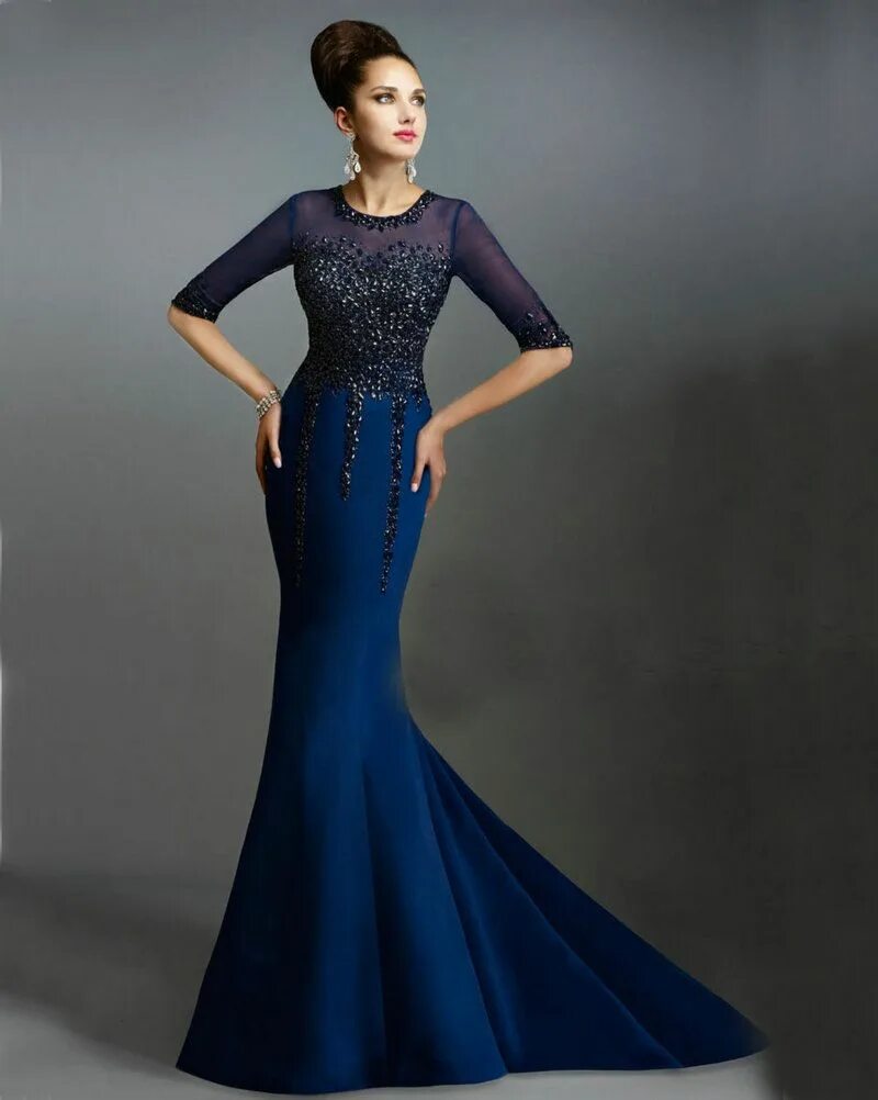 Платья рыбкой фото Click to Buy Royal Blue Half Sleeve Evening Dresses 2017 Sheer Straps With Black