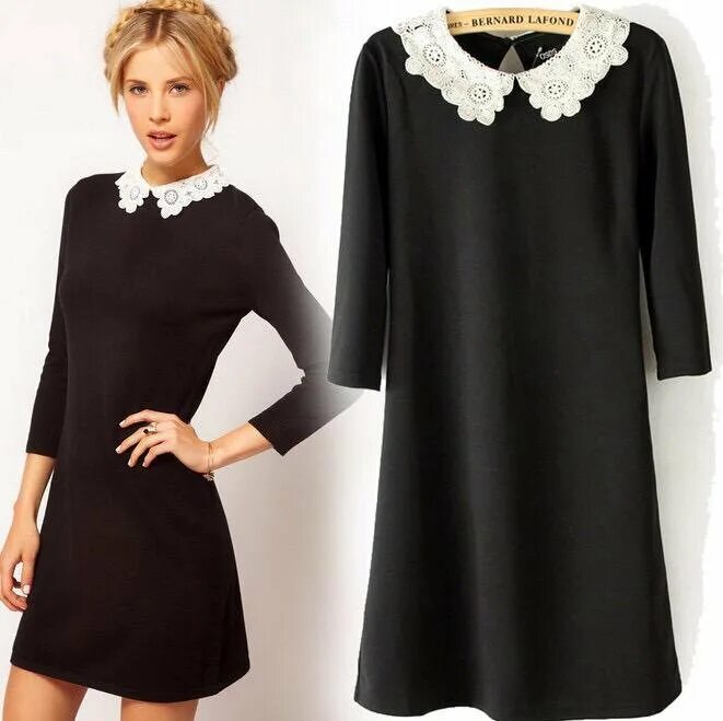 Платья с белым воротником фото Черное платье с кружевным белым воротником 44 - купить в Москве, цена 700 руб., 