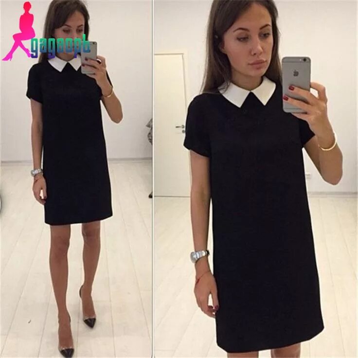 Платья с белым воротником фото Модное черное платье свободного кроя с белым остроугольным воротничком и коротки