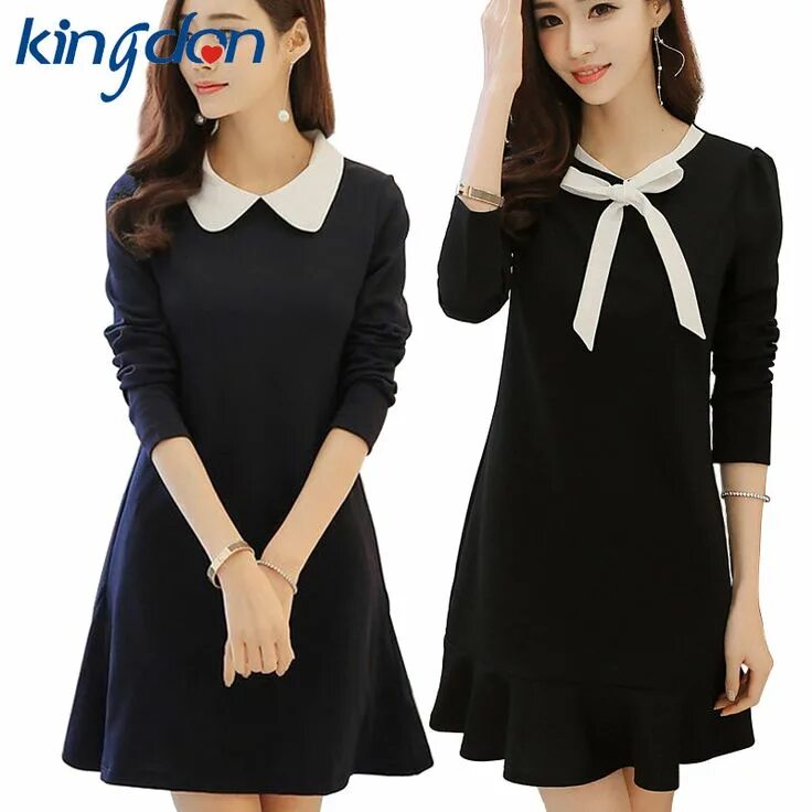 Платья с белым воротником фото New Fashion Dark Blue And Black Dress Peter Pan White Collar Summer Dress Colleg