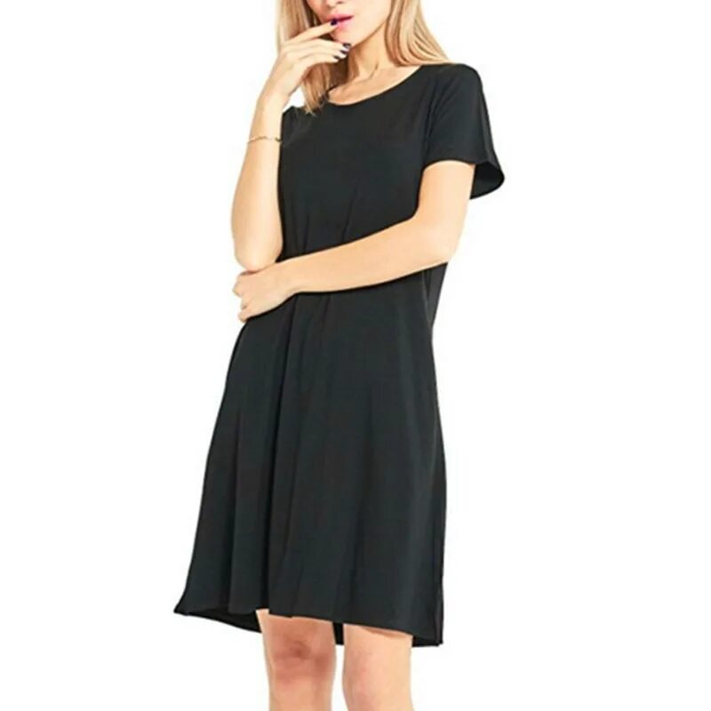 Платья с круглым вырезом фото Купить Женское летнее пляжное однотонное повседневное свободное платье с коротки