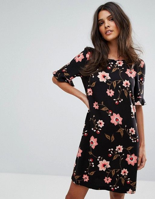 Платья с принтом фото Vero Moda Floral Frill Sleeve Shift Dress Shift dress, Maxi dress prom, Short sl