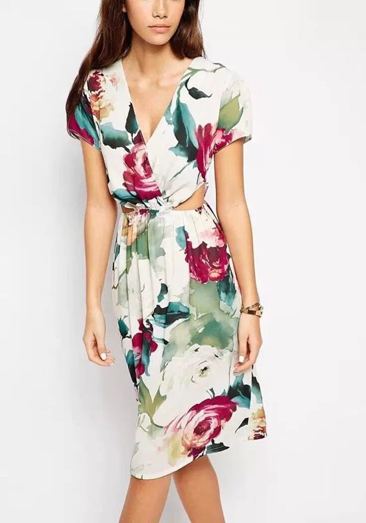 Платья с принтом фото Women's Deep V Neck Flower Print Waist-Baring Dress Fashion, Floral print midi d