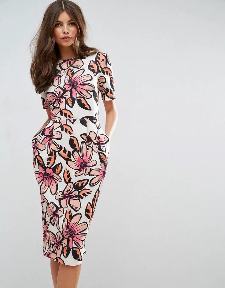 Платья с принтом фото ASOS Midi Wiggle Dress in Graphic Floral Print - Multi Women dress online, Maxi 