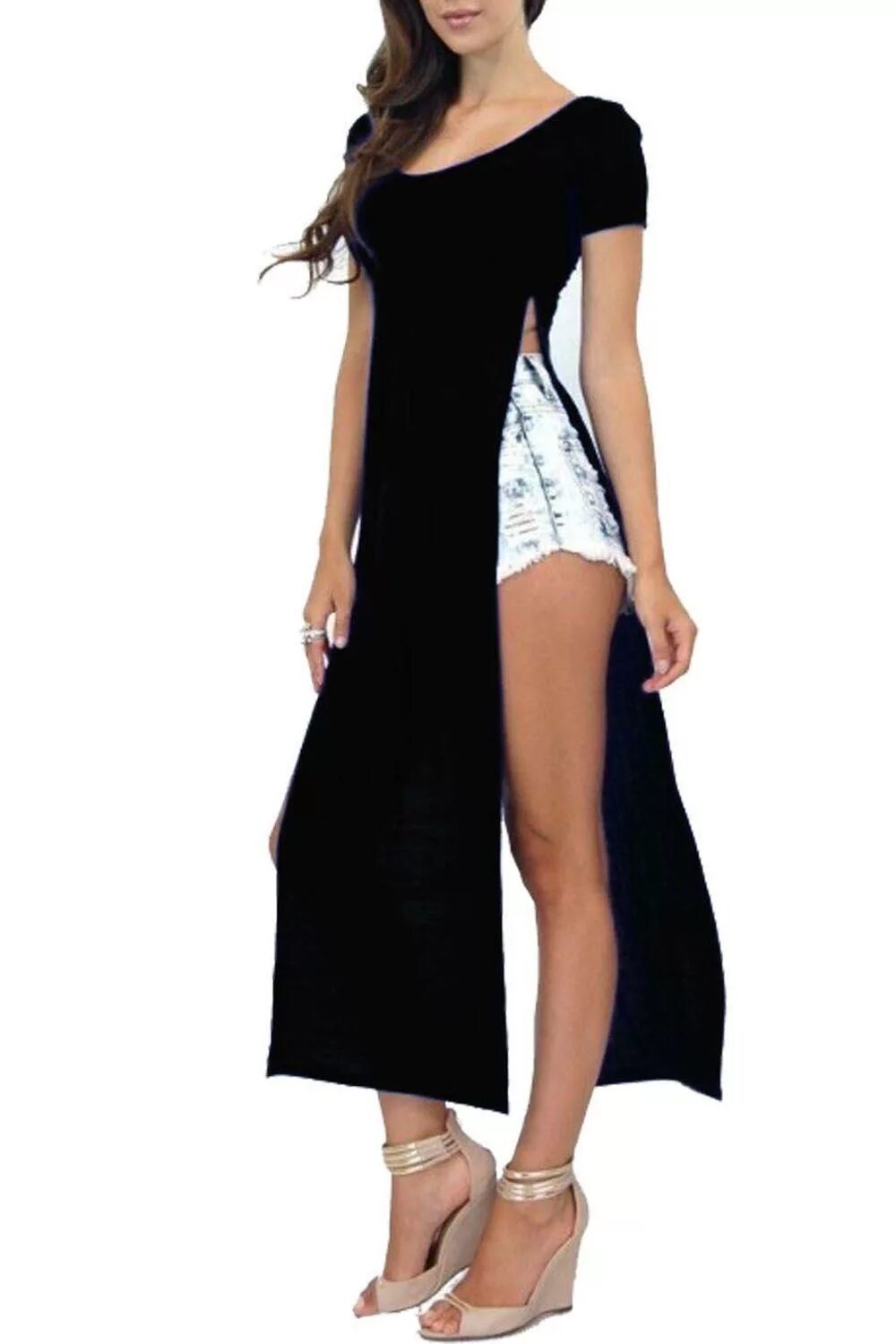 Платья с разрезами фото Ladies Womens Scoop Neck High Waist Double Side Slit Split Maxi Long Dress Top e