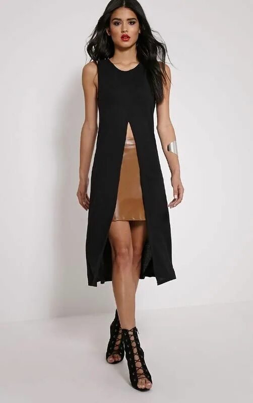 Платья с разрезами фото Черное платье с разрезом спереди, туника, накидка, жилет, панджаби Boohoo, цена 