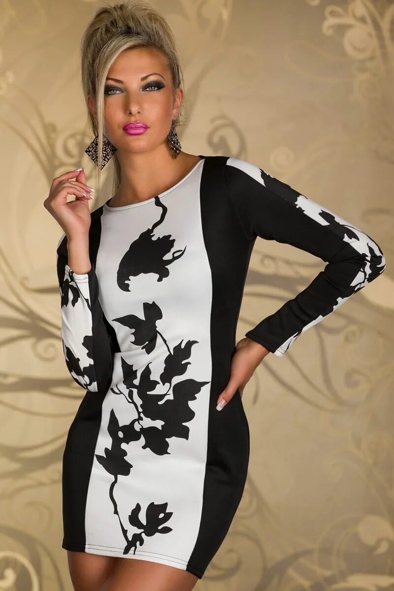 Платья с вставками фото Черно-белое платье с растительным принтом арт. 3675 интернет-магазин VitoRicci