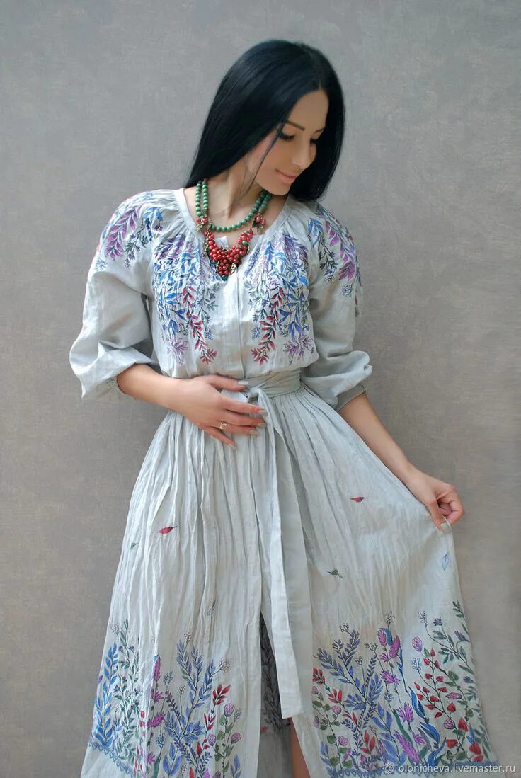 Платья с вышивкой фото Льняное платье с вышивкой и росписью "Дивная поляна" в интернет-магазине на Ярма