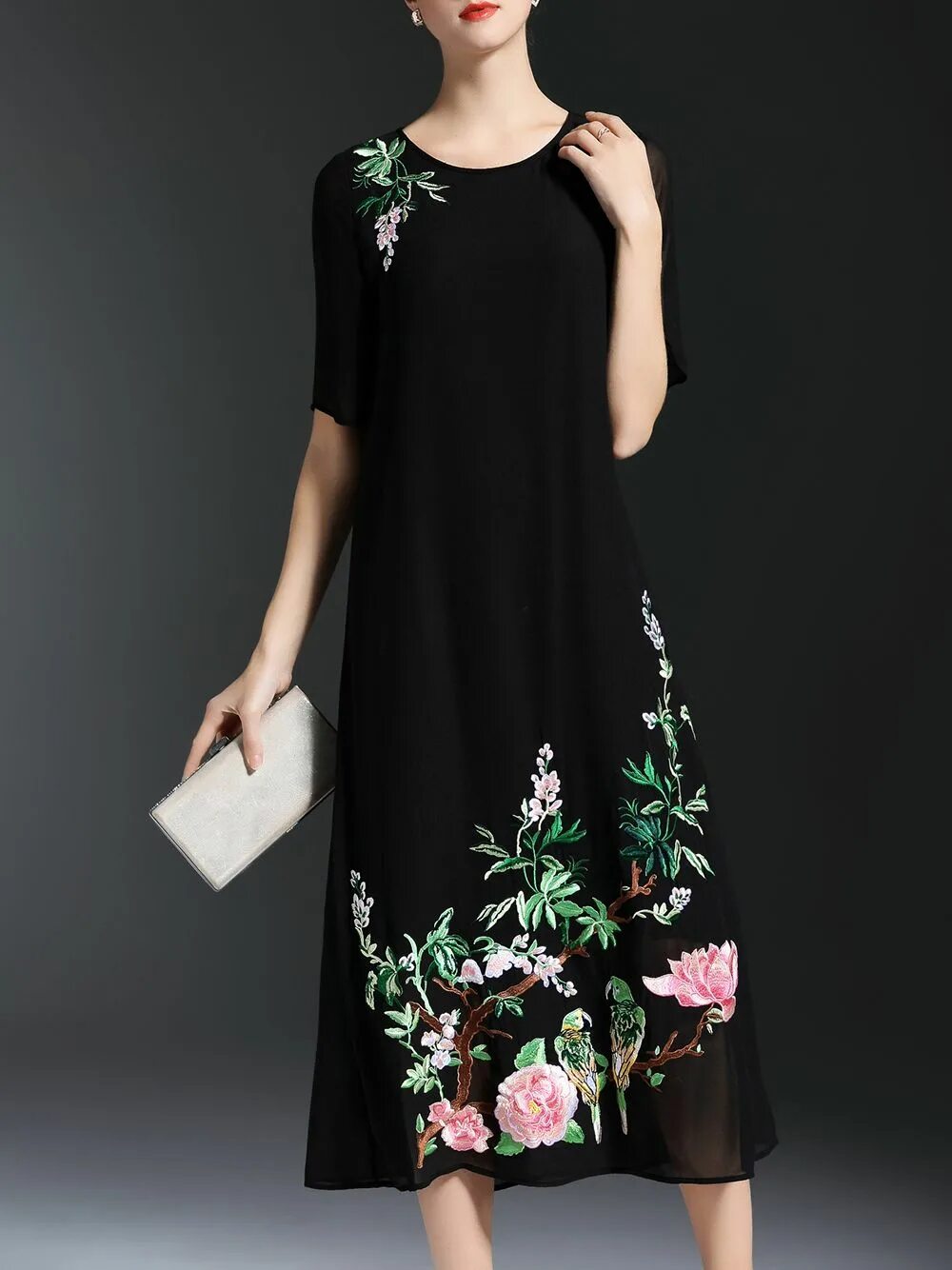 Платья с вышивкой фото Shop Black Crew Neck Flowers Embroidered Dress online. SheIn offers Black Crew N