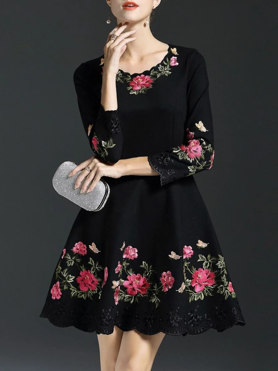 Платья с вышивкой фото Black Flowers Embroidered A-Line Dress A line dress, Embroidered summer dress, E