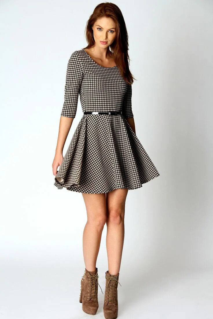 Платья солнце клеш фото Zoe 3/4 Sleeve Dogtooth Belted Skater Dress Fashion dresses, Cute dresses, Fashi