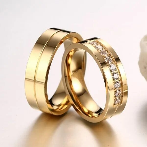 Платья свадебные кольца фото Romantic Simple Titanium Steel Couple Rings 18K Gold Plated Diamond CZ Ring Char