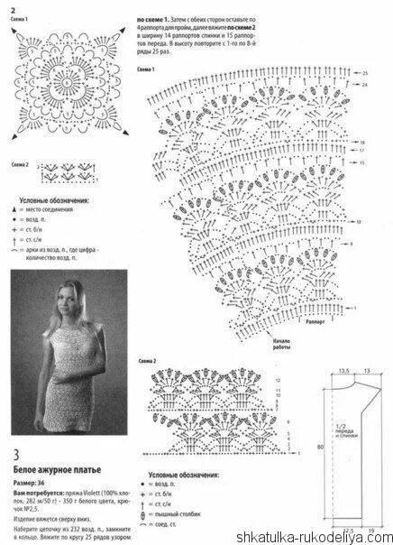 Платья связанные крючком со схемами Платье на круглой кокетке крючком. Вязаные платья крючком с описанием Шкатулка р