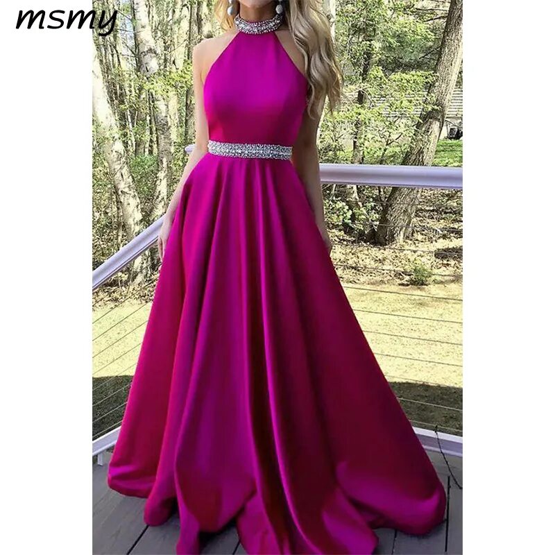 Платья цвета фуксии фото Купить Вечерние платья, модные платья с бретельками, атласное длинное платье для