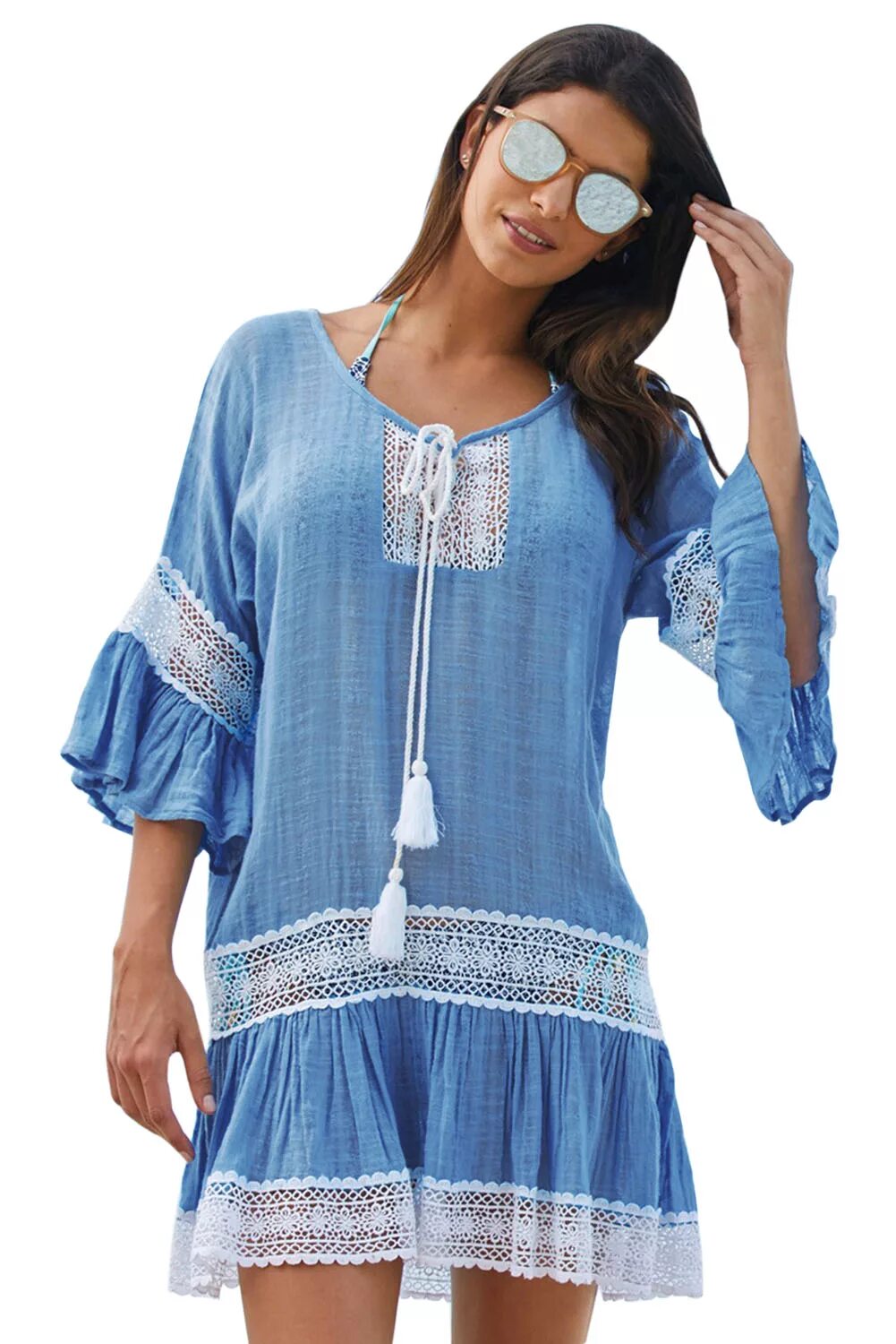 Платья туника фото Голубая пляжная туника-бебидолл с белым кружевом и завязками арт. 60484 интернет
