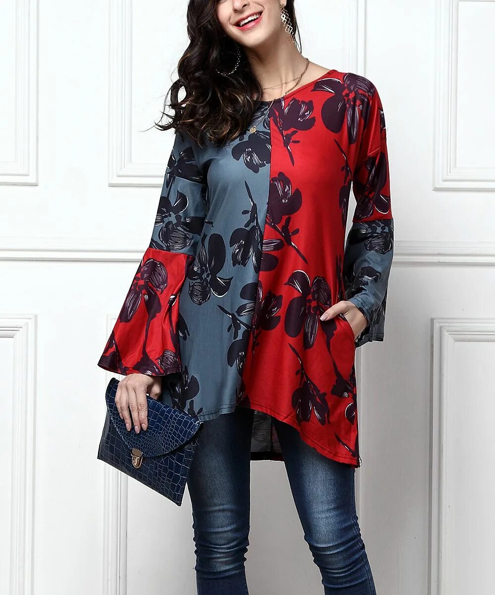 Платья туника фото Blue & Red Printed Bell Sleeves Party Wear Top #Tunic #top #longsleeves #floral 