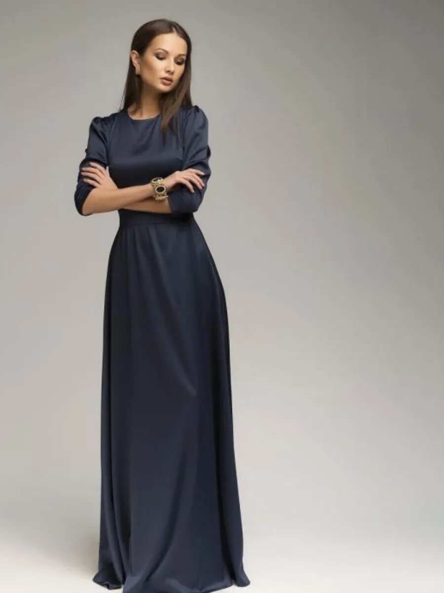 Платья в пол фото Платье женское атласное длинное вечернее синее с рукавами 3/4 в пол закрытое на 
