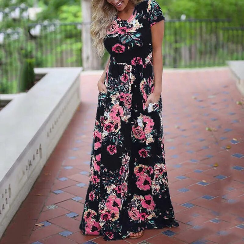 Платья в пол фото Вечернее повседневное длинное платье макси с коротким рукавом в стиле бохо и цве