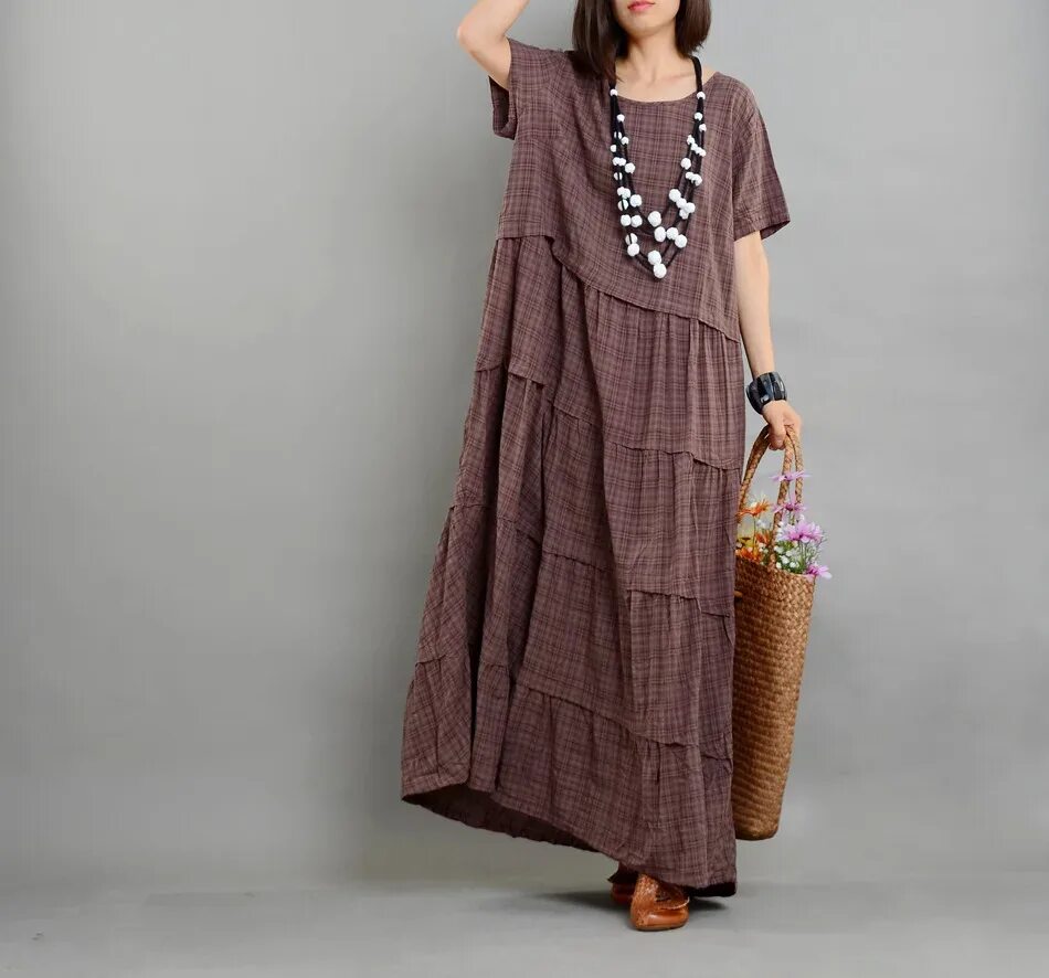 Платья в стиле бохо 2024 модные тенденции Платье женское хлопково-льняное в клетку, Свободный Повседневный Сарафан в клетк