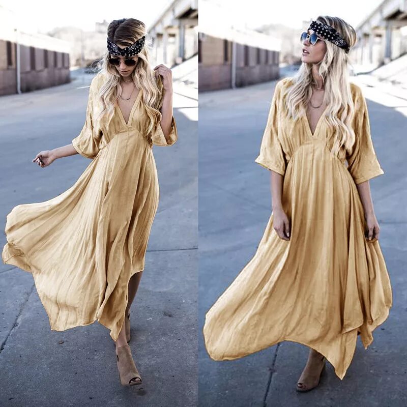 Платья в стиле бохо 2024 модные тенденции 2018 женское желтое платье с коротким рукавом сексуальное Глубокий v образный вы