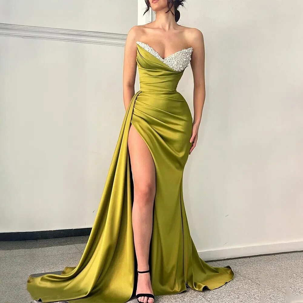 Платья вечерние 2024 тренды модные Arabic Evening Dresses with Train Beaded Sweetheart Mermaid Evening Gown Satin S