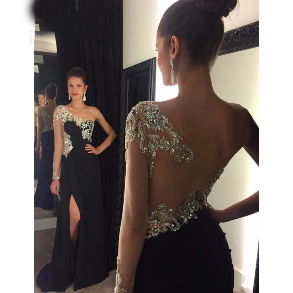 Платья вечерние фото спина Соблазнительное блестящее платье для выпускного вечера с одним длинным рукавом и