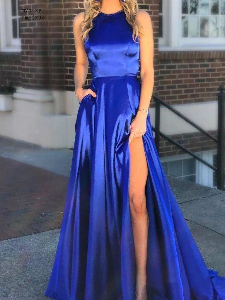 Платья вечерние интернет фото Vestidos De Gala Royal Blue Long Evening Dress 2020 Sexy Slit Halter Prom Dresse
