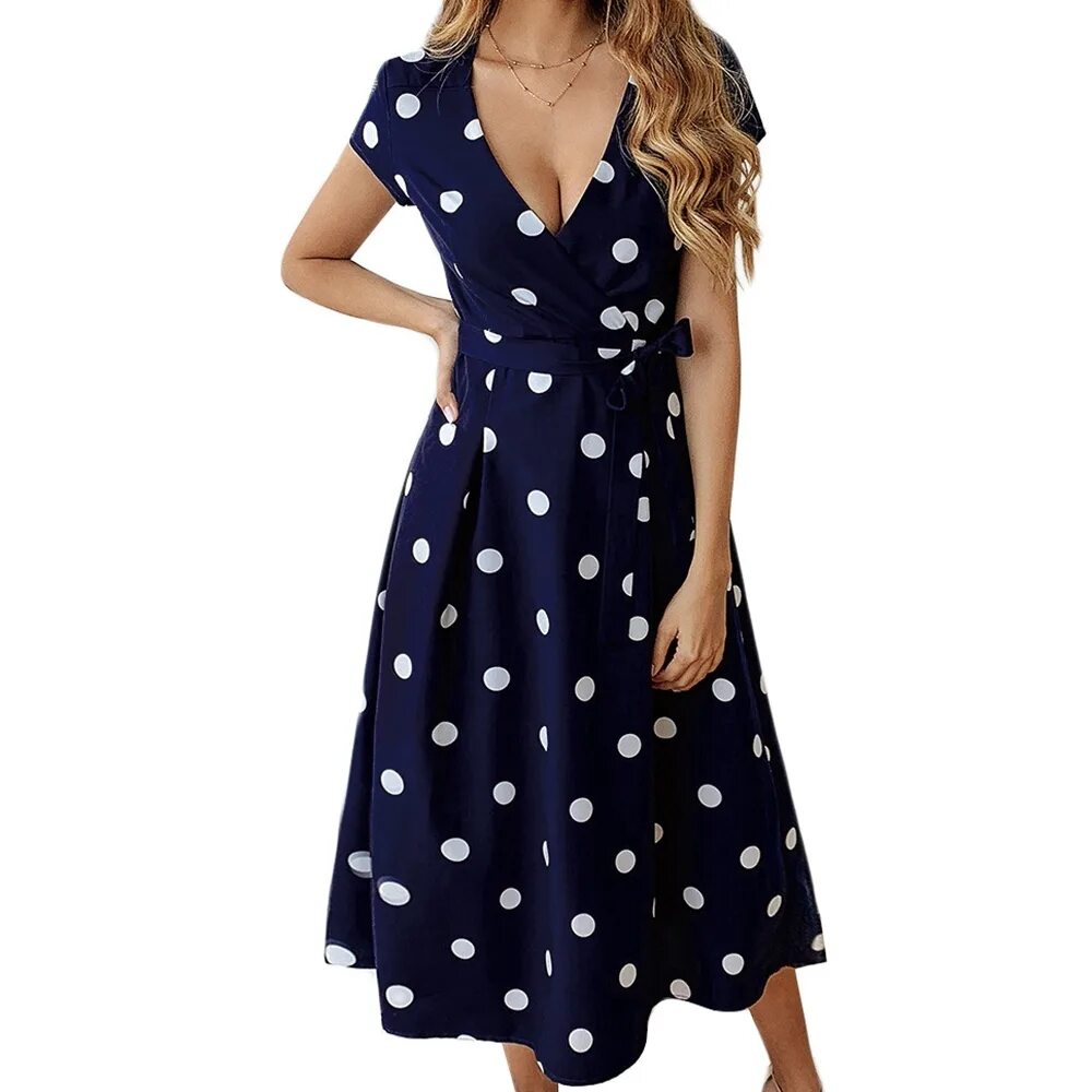 Платья женские фото цены Модное летнее повседневное платье в горошек с коротким рукавом, темно-синее, раз