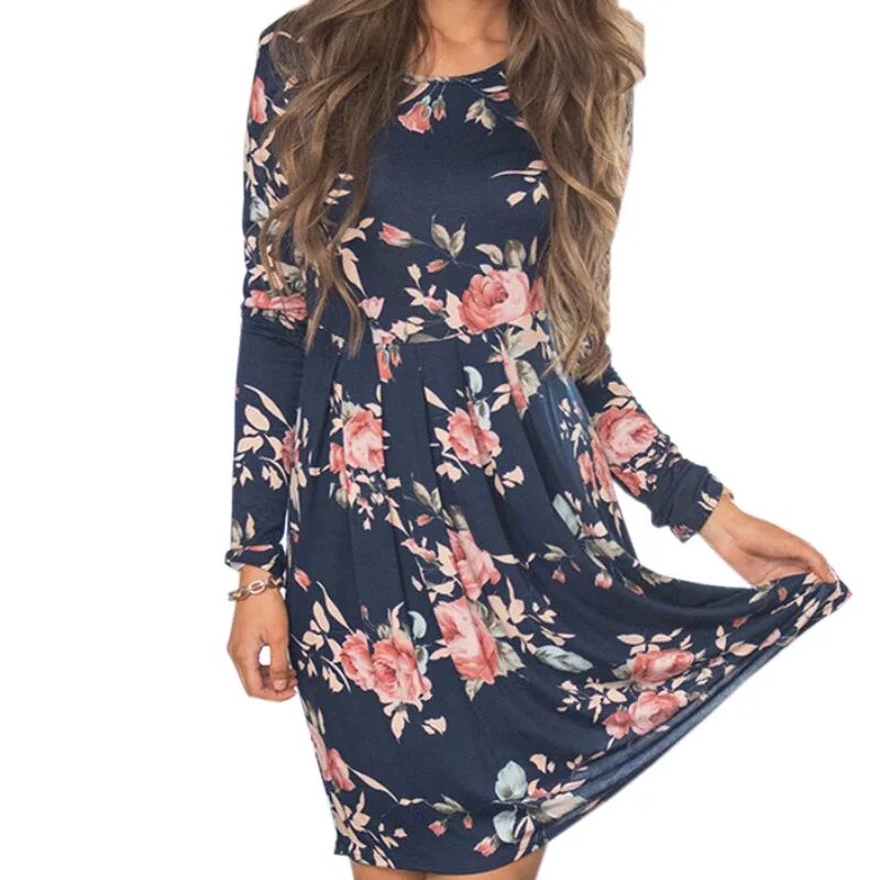 Платья женские фото цены Женские осенние платья большого размера с круглым вырезом и цветочным принтом - 