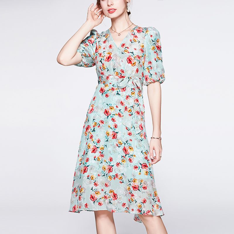 Платья женские летние 2024 фото Купить 100% Шелковые Женские Платья V Шеи С Короткими Рукавами Напечатанные Ство