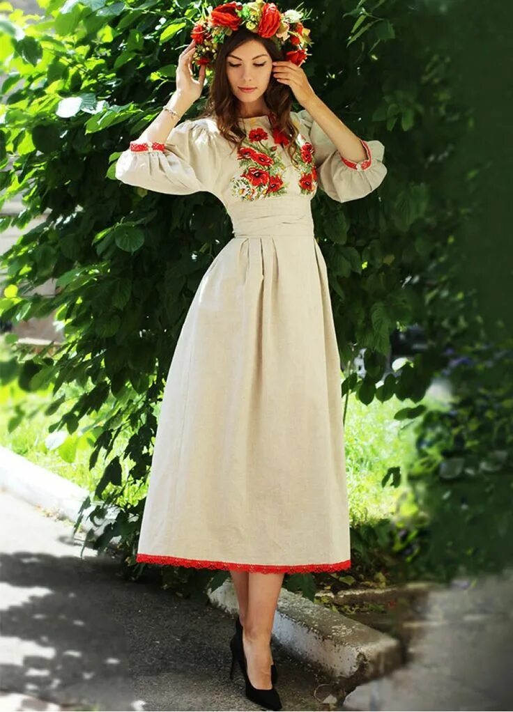 Платья женские в народном стиле Dress made of natural linen with embroidery " Poppy Field " ПЛ-770328 Платья, Тр