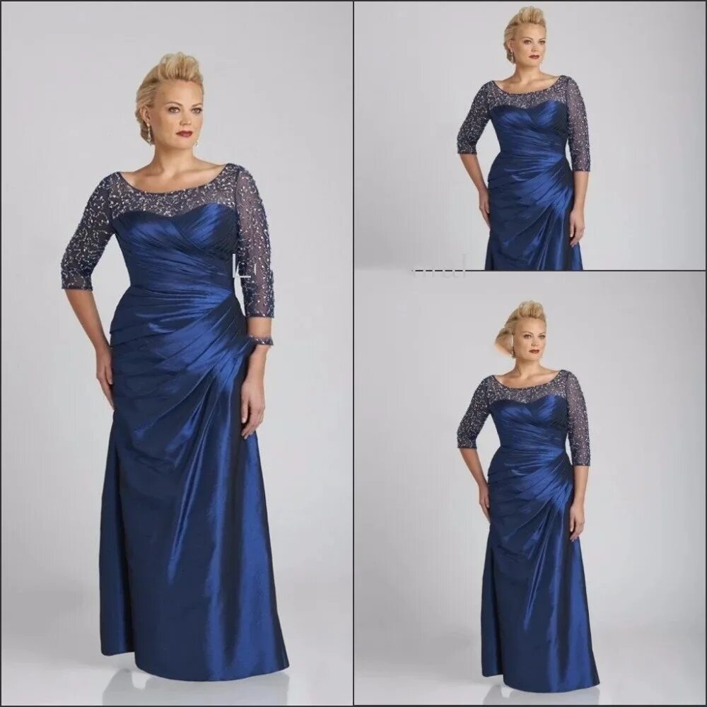 Платья женские вечерние на свадьбу фото Темно-синее платье для матери потенции с рукавами 3/4, Украшенными Бисером, офиц
