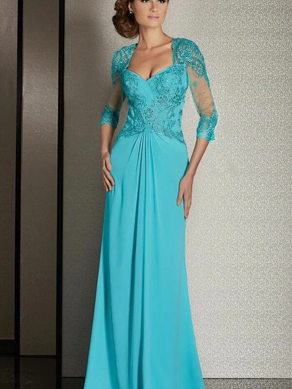 Платья женские вечерние на свадьбу фото A-Line 3/4 Sleeves Chiffon Lace Mother Of The Bride Dress Uniqistic.com Chiffon 