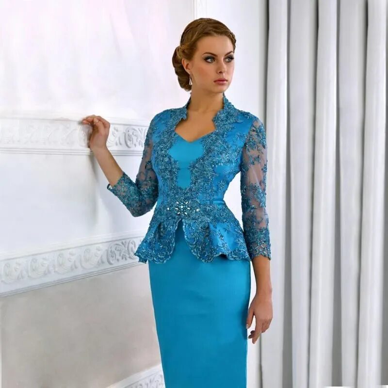 Платья женские вечерние на свадьбу фото Скромные Кружевные Платья Для Матери Невесты С Длинными Рукавами И V Образным Вы