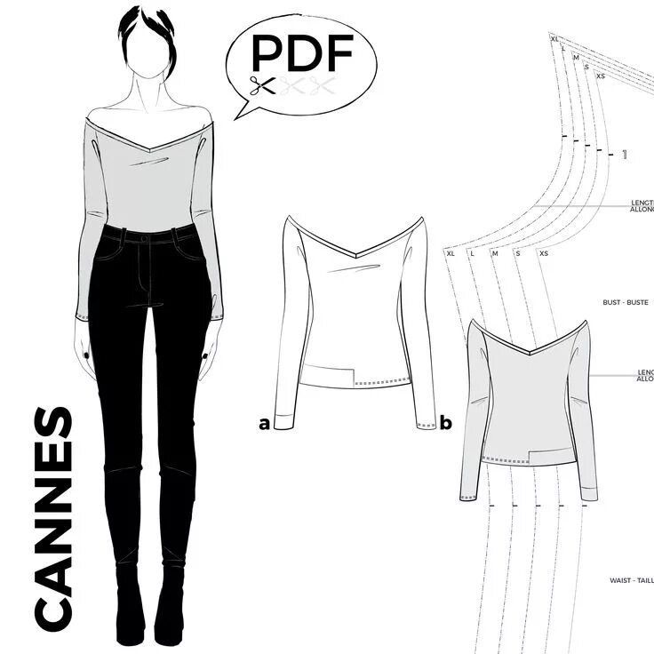 Плечевая выкройка CANNES off the shoulder top - PDF sewing pattern