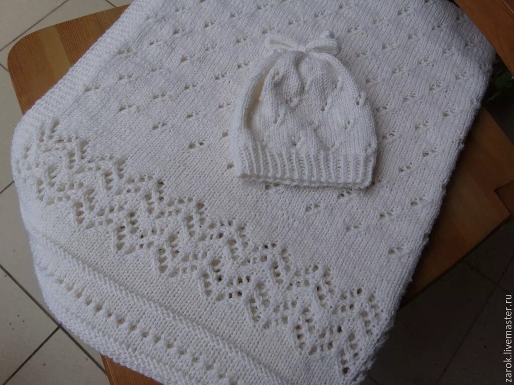 Плед для новорожденного спицами схемы фото Плед для новорожденных"По-королевски белый"+шапочка спицами в интернет-магазине 