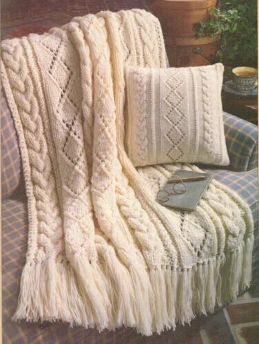 Плед фото схема красивый Aran БРИЛЛИАНТАМИ 14 " подушка и плед 44 "x 59" вязания узор eBay