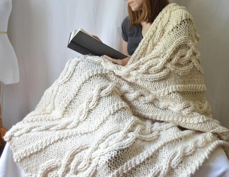Плед фото схема Chunky Wool Blend Knitted Blanket, Acrylic Throw Blanket, Cable Knit Afghan, Thi