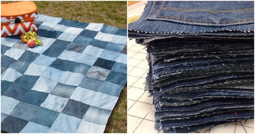 Плед из джинс фото Непромокаемое одеяло из старых джинсов - отличная идея для пикника