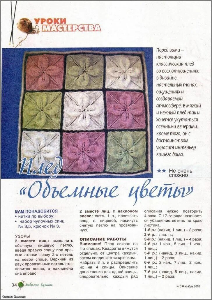 Плед из квадратов спицами описание схемы фото Плед с цветами. A plaid with flowers. Вязание, Спица, Лицо