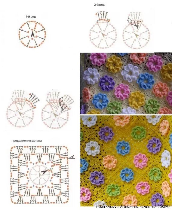 Плед крючком со схемами цветочная поляна Схемы цветов в квадрате
