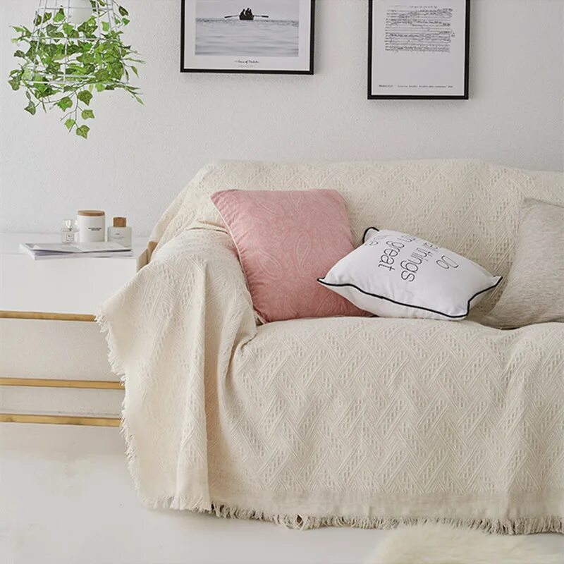 Плед на диване в интерьере фото Купить Скандинавский бежевый диван, ткань, одеяло, из хлопка и льна в интернет-м