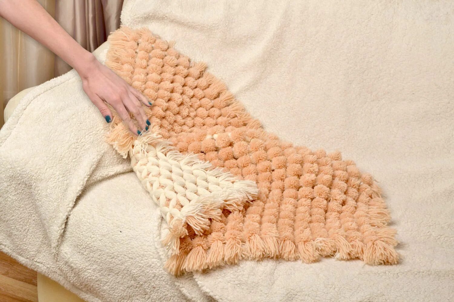 Плед руками фото BUY Handmade soft warm baby blanket woven of beige woolen and acrylic threads 33