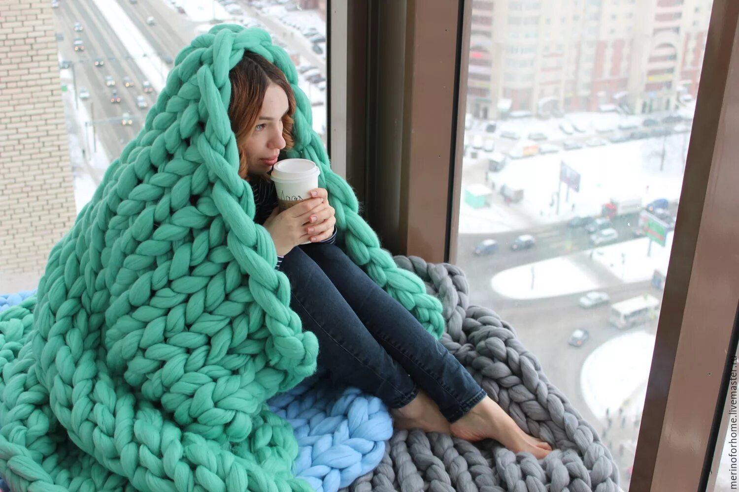 Плед руками фото Плед из шерсти мериноса, плед из толстой пряжи, Мята Merino for Home в интернет-