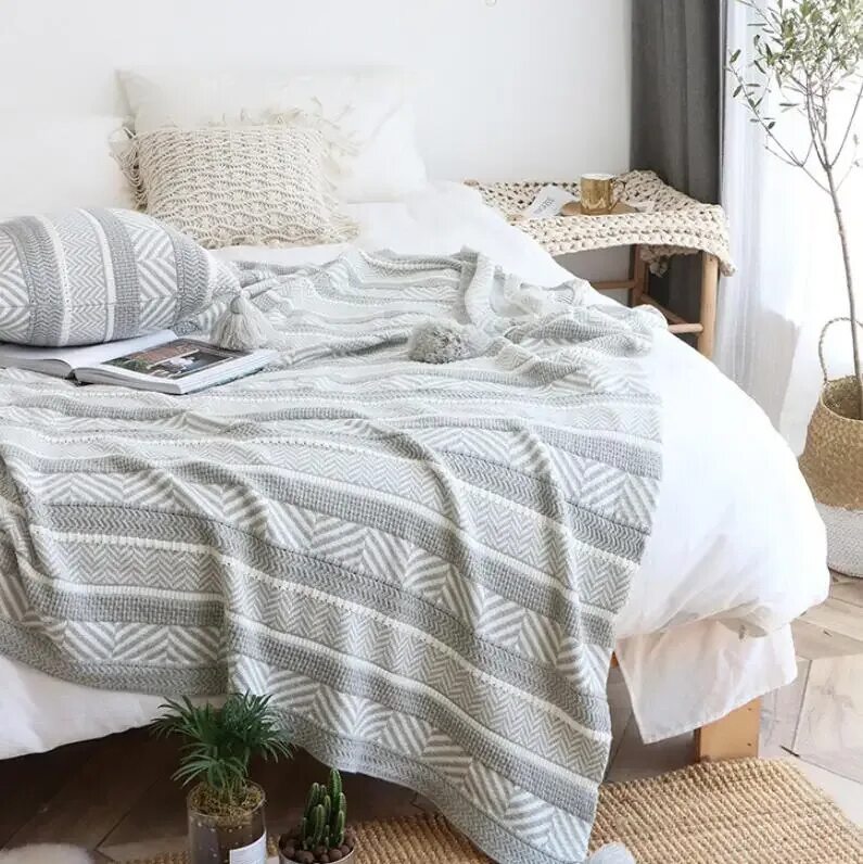 Плед в интерьере спальни Нордический шерстяной вязаный чехол Bohe, винтажный серый мягкий Чехол на подушк