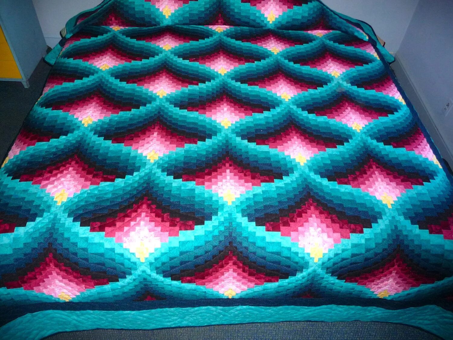 Пледы 3д крючком со схемами Amish Quilt Light In The Valley Pattern New Teal Green Rose and Yellow Must See.