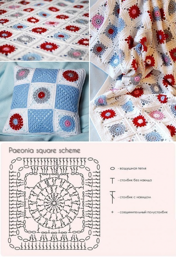 Пледы из мотивов крючком со схемами СХЕМЫ ДЛЯ ВЯЗАНЫХ ПОКРЫВАЛ Схемы вязания крючком, Схемы вязаных крючком квадрато